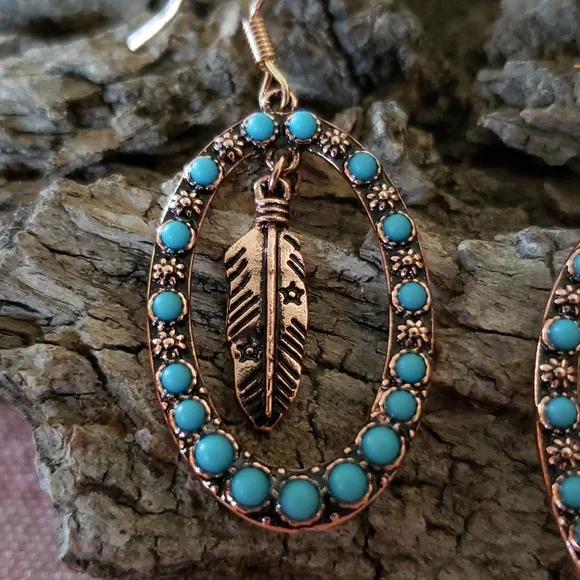 Feather Hoop Earrings. Oval Flower Floral Copper Color Boho Cowgirl Western - Picture 3 of 9